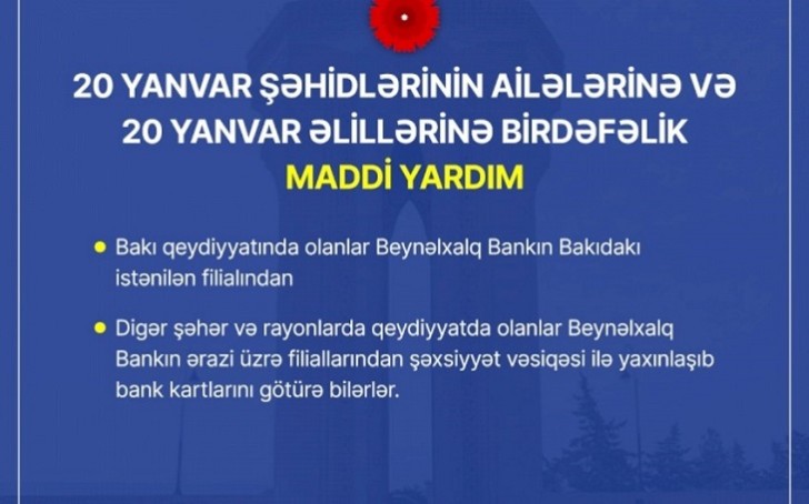 20 Yanvar şəhidlərinin ailələrinə və əlillərinə birdəfəlik maddi yardım ödənilib